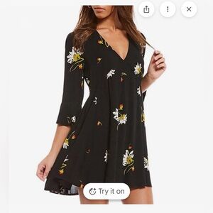 Free People Black Floral Bell Sleeve Wrap V neck Mini Dress XS